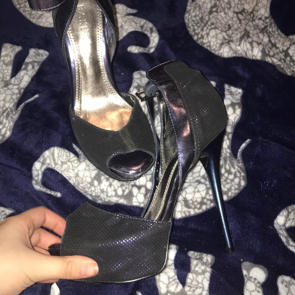 Metallic purple and black with dark silver heels